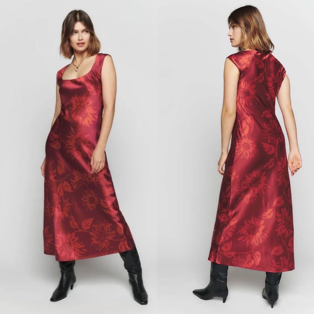 Reformation Hendrix Floral Print 100% Silk Satin Midi Dress